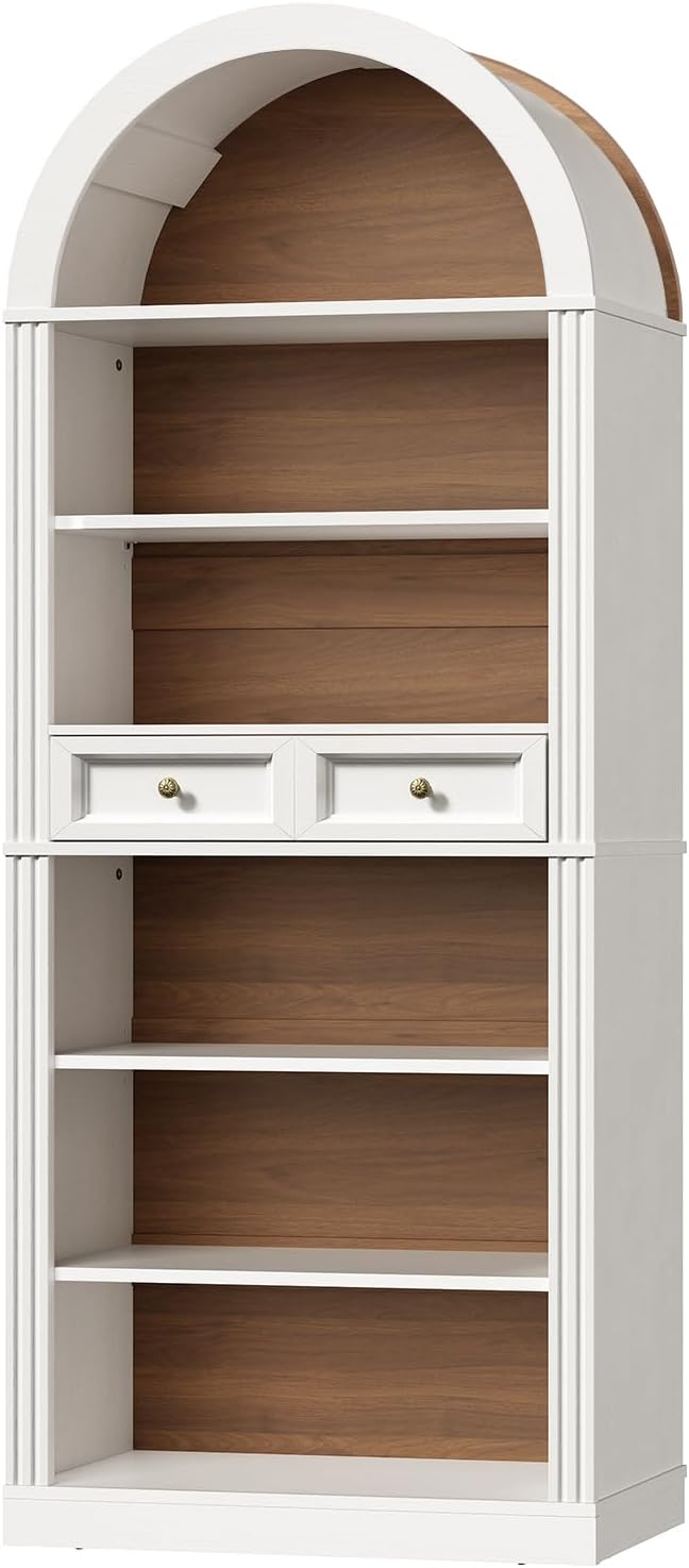 RALGEND Arched Bookshelf, 73" Tall Arch Bookcase with Drawer, 6-Tier Farmhouse Book Shelf, Wooden Bookshelf with Open Display Shelves for Living Room, Office, Adjustable Shelf, Walnut and White