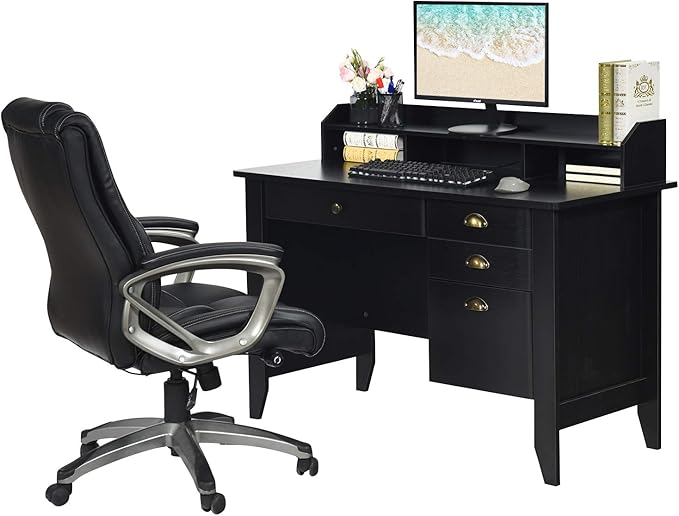 Catrimown Computer Desk with Drawers and Hutch, Vintage Wood Home Office Desk Writing Study Teens Student Desk PC Laptop Table, for Small Spaces, Black