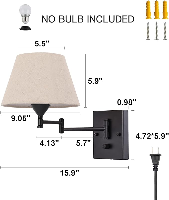 Pauwer Plug in Wall Sconce Set of 2 Swing Arm Wall Lamp with Plug in Cord and Fabric Shade Wall Light Fixtures for Hallway Bedroom Living Room (Beige Shade)