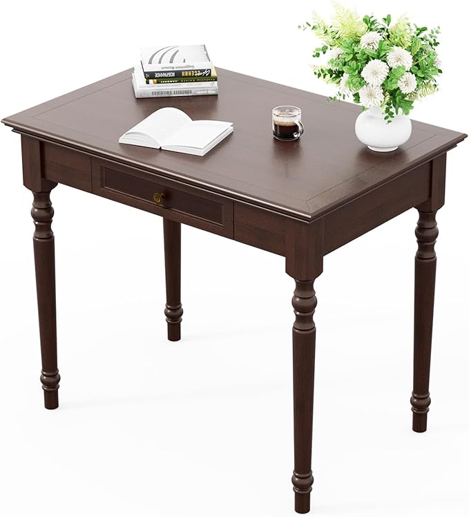 ADORZ Walnut Desk with Drawers, 35 Inch French Country Desk Solid Wood Writing Desk for Home Office, Study Workspace or Bedroom (Walnut, 35 inches)