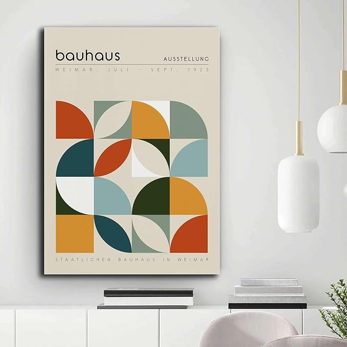 Canvas Painting Poster and Print Pictures Bauhaus Exhibition Poster Geometric Print Abstract Wall Art Mid Century Modern Beige Orange Sage Decor Modern Home and Bedroom Decoration 8x12inch wood Frame