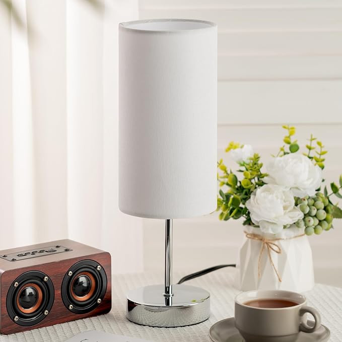 Small Table Lamp for Bedroom Nightstand, Round White Fabric Shade and Silver Metal Base, Modern Minimalist Bedside Lamps for Dresser, End Table, Office, College Dorm, Warm Light, 5W LED Bulb Included