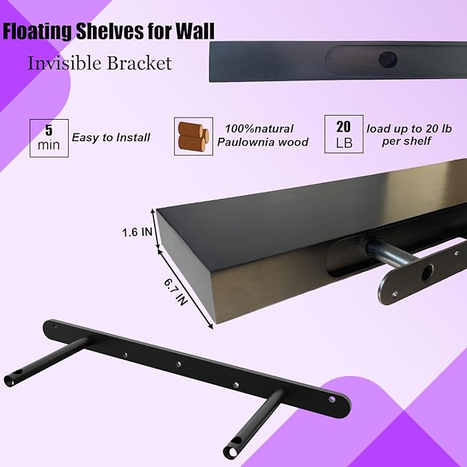 IAE Floating Wall Shelves 16 inch,Bathroom Shelving Wall Mounted,Invisible Shelf Floating Kitchen Shelves,Wooden Wall Shelf with Brackets for Living Room Wall Mounted,Easy Install,Set of 2,Black