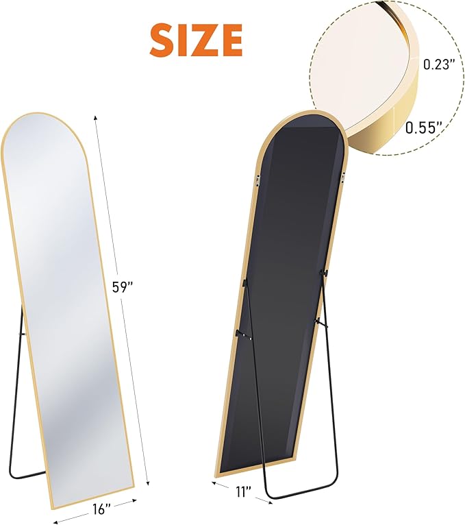 OLIXIS Gold Arched Full Length Mirror 60"x16" for Bedroom, Full Body Mirror with Stand, Hanging or Leaning for Wall, Aluminum Alloy Thin Frame Floor Standing for Living Room