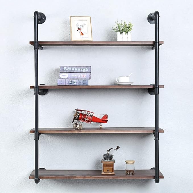 Industrial Pipe Shelving Wall Mounted,36in Rustic Metal Floating Shelves,Steampunk Real Wood Book Shelves,Wall Shelf Unit Bookshelf Hanging Wall Shelves,Farmhouse Kitchen Bar Shelving(4 Tier)