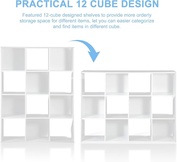 SUPER DEAL 12-Compartment Open Shelf Bookcase, 47 inch Wide Cube Storage Cabinet Wood Cubical Bookshelves Display Unit with 6 Removable Back Panels for Living Room Bedroom, White