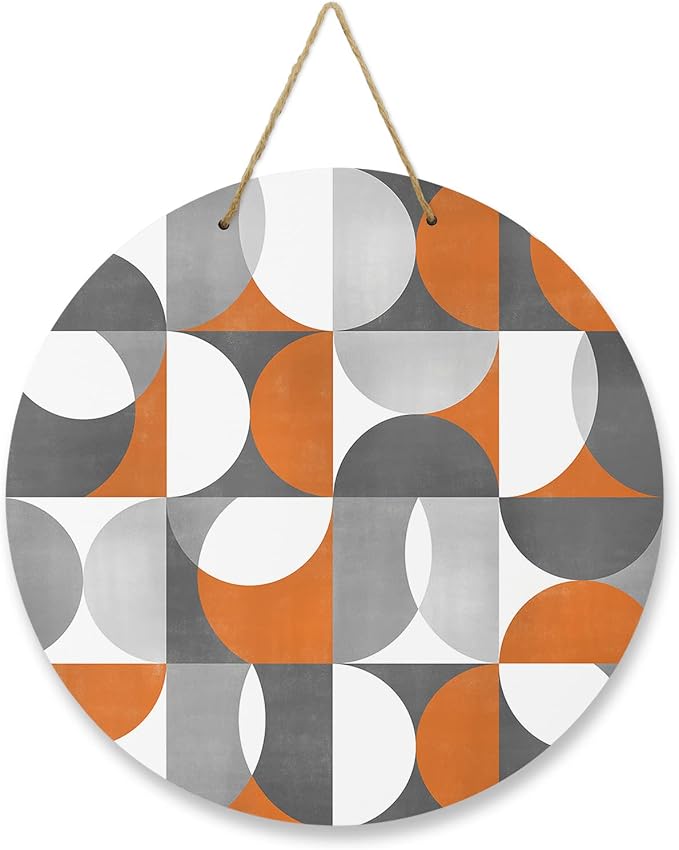 Welcome Sign for Front Door Mid Century Geometric Wood Door Hanger for Outdoor Outside Porch,12 Inch Round Wooden Wreath Indoor Wall Hanging Decoration, Abstract Modern Orange