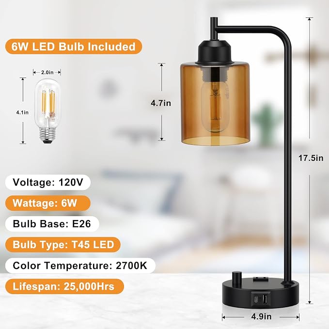 Innqoo Industrial Small Desk Lamp for Nightstand - Amber Clear Glass Shade Table Lamp with USB C Port, Fully Dimmable Black Bedside Lamp with USB Port and Outlet, Bedroom Lamp for Reading Office