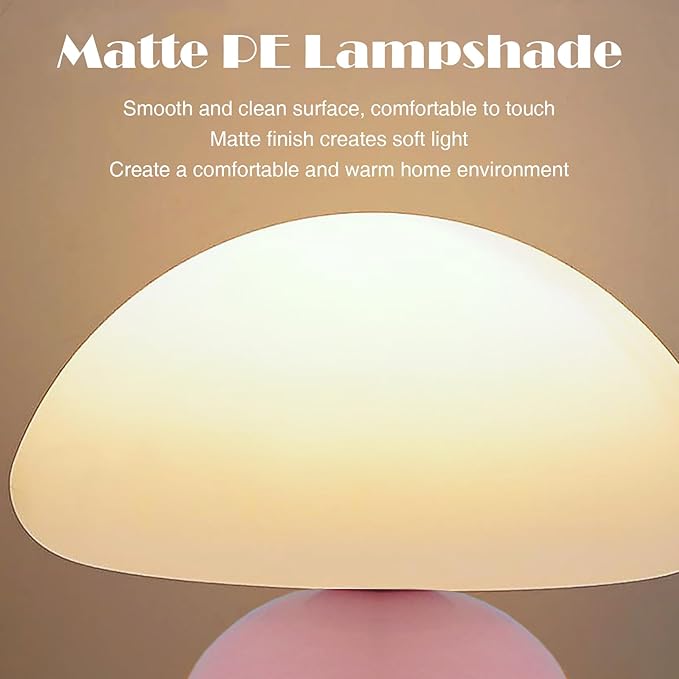 Cute Small Mushroom Lamp, PE Lampshade, Ceramic Base, Adjustable Light Color and Brightness with Power-Off Memory, Safe USB Powered, LED Mushroom Light for Bedroom Living Room (Pink)