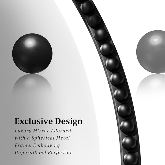 28 Inch Round Bathroom Mirror - Luxurious Retro Beaded Circle Decorative Wall Mirror with PU Frame Hanging Leaning as Art Decor for Entryway, Bedroom, Living Room, Hallway, Black