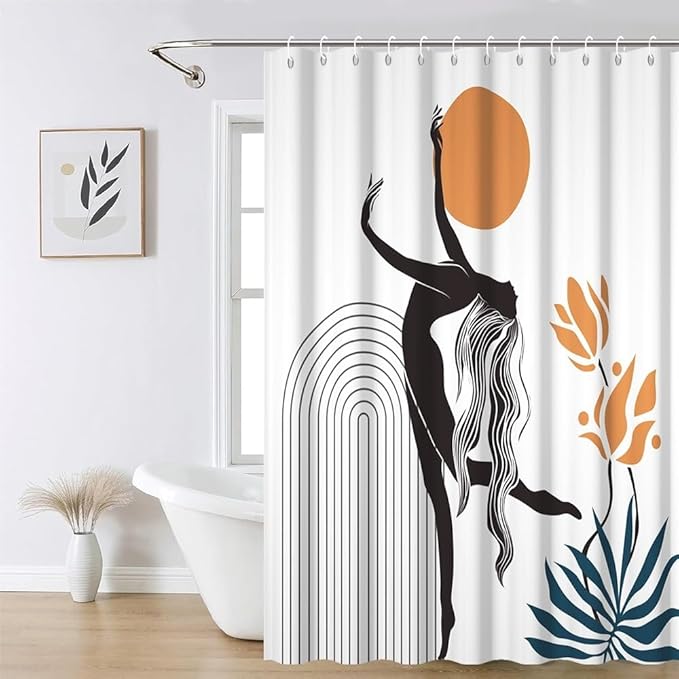Boho Shower Curtain for Bathroom Female Dancer Holds The Sun Leaf Abstract Floral Shower Curtains Modern Minimalist Bathroom Decor Machine Washable Waterproof Polyester Fabric with Hooks 72x96 Inch