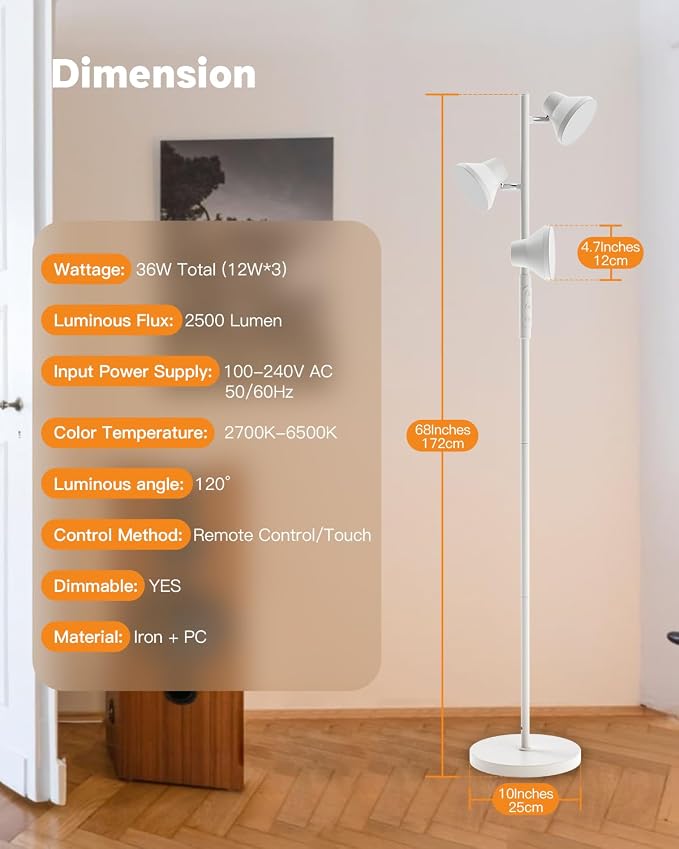 SIBRILLE LED Floor Lamp, 36W Modern Floor Lamp with Remote & Touch Control, 4 Color Temperatures, Standing Lamp with 3 Rotatable Lights, Floor Lamps for Living Room, Bedroom, Office
