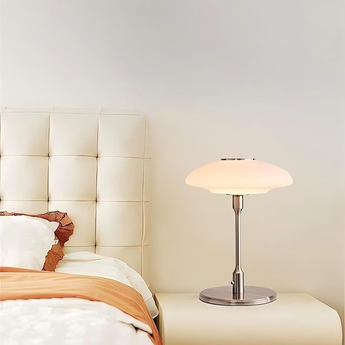 Table Lamp, Metal and Glass Modern Bedside Lamp, Decorative Table Light, Table Lamp for Living Room Bedroom Study Room, 12.6 * 16.5 Inch, Chrome & White