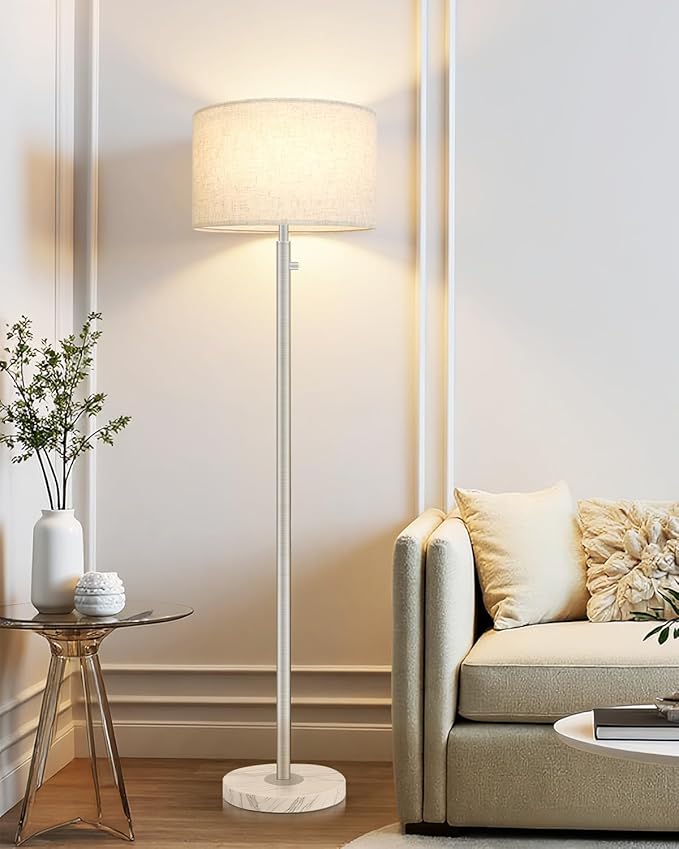 Brushed Nickel Floor Lamp for Living Room,Modern Standing Lamp with Marble Base,Tall Standing Lamp with Stepless Dimming & Linen Shade,Floor Lamp for Bedroom, Reading,Office,LED Bulb Included