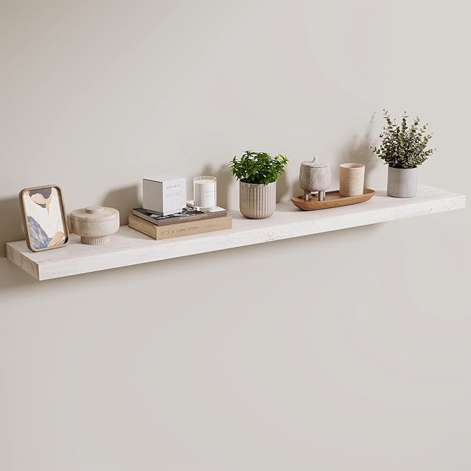 Axeman Floating Shelves for Wall, Rustic Elm Wood 48''W x 8" D Wall Shelf with Invisible Bracket, Large Long Wall Mounted Storage Shelves for Living Room, Bedroom, Kitchen, Bathroom Decor, White Wash