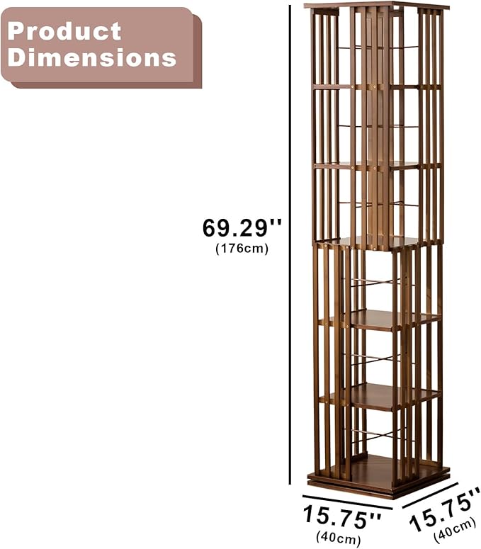 Bamboo Rotating Bookshelf Tower, 360° Spinning Bookcase, 6-Tier Narrow Floor Standing Storage Rack for Corner, Office, Room (Walnut)
