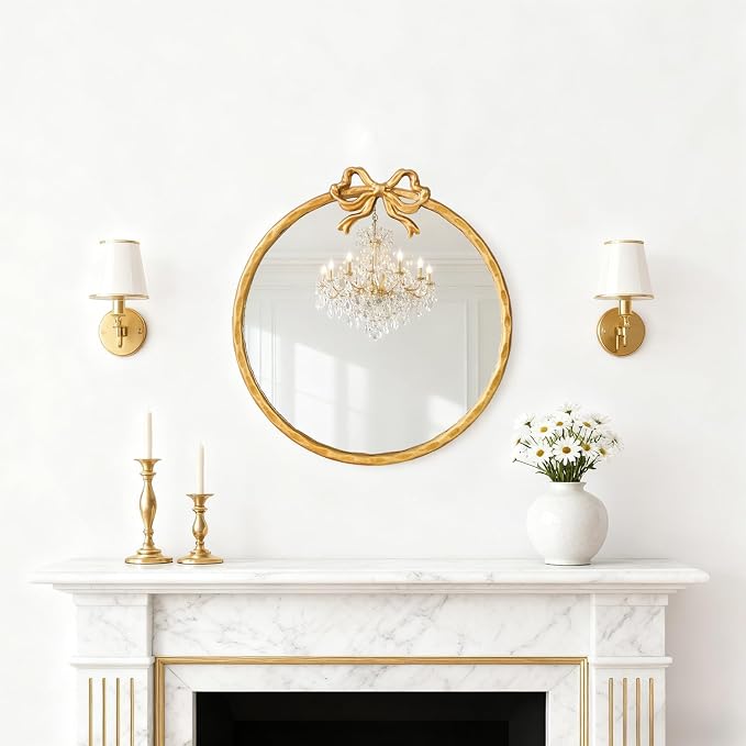 24 Inch Vintage Gold Round Wall Mirror, Antique Ornate Metal Circle Mirror with Baroque Bow Decor for Bathroom Vanity, Bedroom, Living Room, Hallway (Gold, 24" Lx24 W)