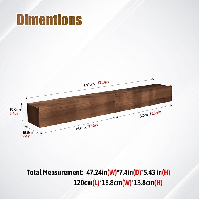 Floating Solid Wood Console Table, 47'' Wall Mounted Narrow Entryway Table with Storage Shelf, Modern Couch Shelves Small Entry Way Tables for Entryway, Front Hall, Hallway (Walnut, 47.24IN)