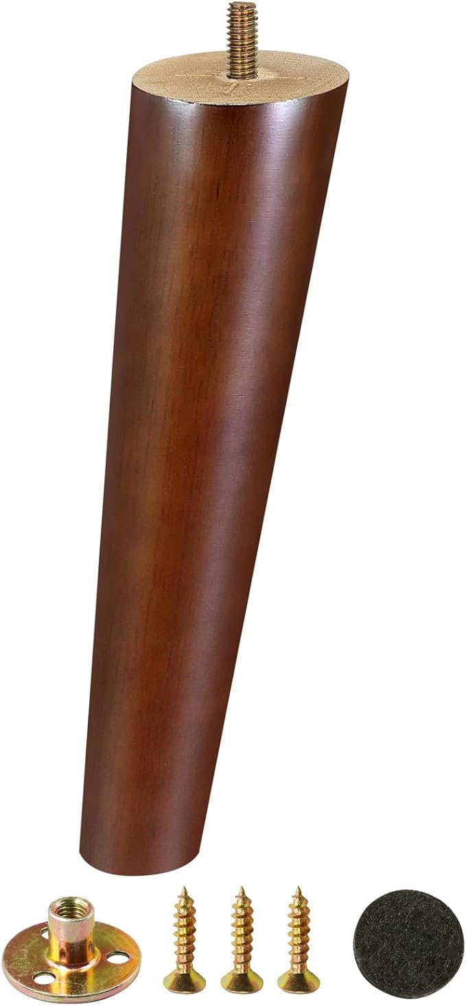 FoDau770 Brown Rubber Wood Furniture Legs 10 Inches, 5/16" UNC Slant Tapered Wood Feet Mid Century Sofa Legs, Wooden Furniture Feet Replacement Parts for Cabinet Couch Dresser Chair Ottoman Table
