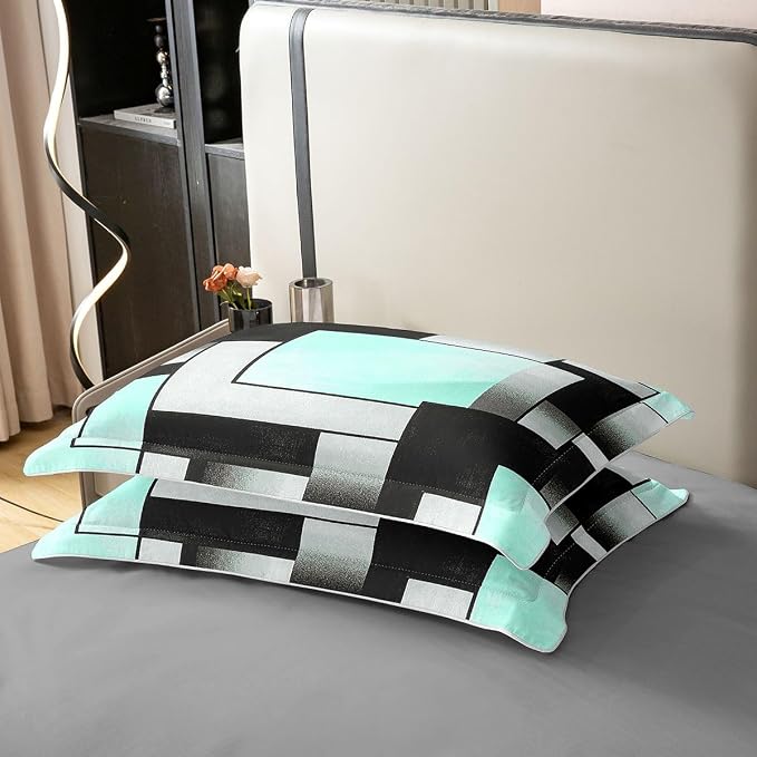 Erosebridal Green Black Geometric Abstract 100% Cotton Duvet Cover Twin Modern Square Striped Bedding Set for Kids Teens Adults Minimalist Art Comforter Cover Contemporary Aesthetic Bed Set 2 Pcs