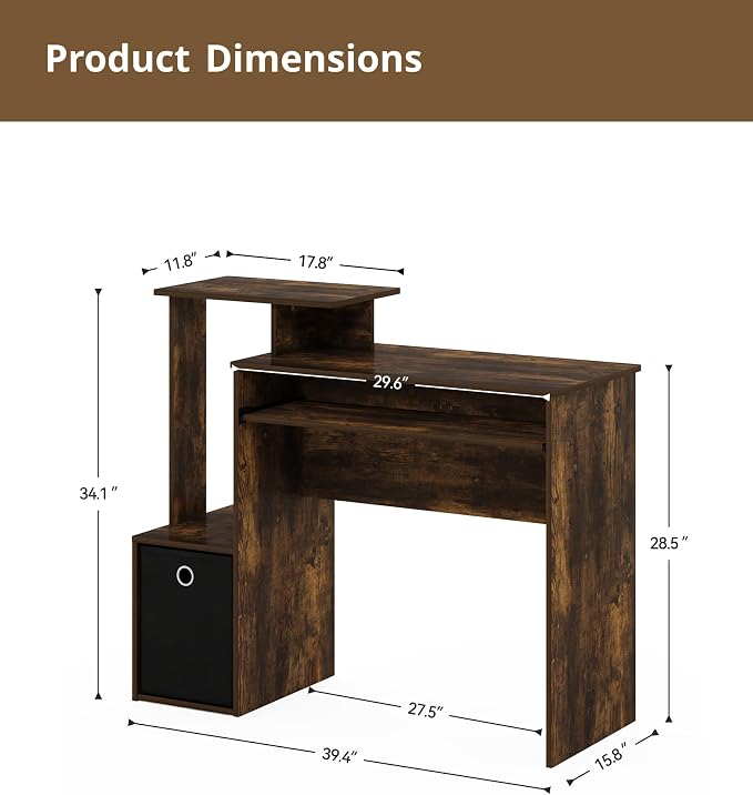Small Computer Desk with Drawers, Wood Writing Desk with Storage Shelves for Home Office Bedroom Living Room, Walnut/Black
