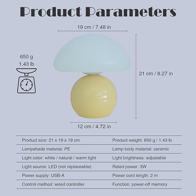 Cute Small Mushroom Lamp, PE Lampshade, Ceramic Base, Adjustable Light Color and Brightness with Power-Off Memory, Safe USB Powered, LED Mushroom Light for Bedroom Living Room (Yellow)