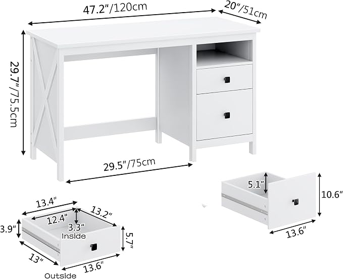 BHG Farmhouse 47" Executive Desk,Modern White Computer Desk with Storage Drawers for Home Office, Makeup Vanity Desk Dressing Table for Bedroom,Filing Cabinet Writing Table PC Desks for Study