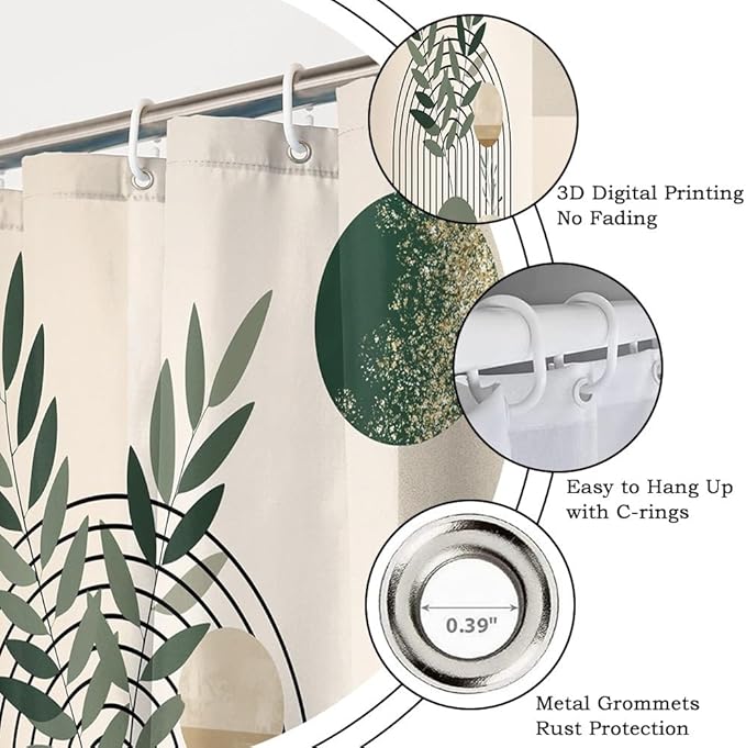 Mid Century Boho Shower Curtain for Bathroom Modern Abstract Minimalist Bathroom Decor Set Green Leaf Sun Arch Bathtub Curtains Machine Washable Waterproof Polyester Fabric with Hooks 69x75 Inch