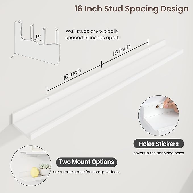 Axeman 48 Inch Floating Shelves | White Picture Ledge Shelf Set of 3 | Rustic Wood Wall Shelves with Lip | 48" White Picture Shelf for Wall with Ledge | Photo Shelves