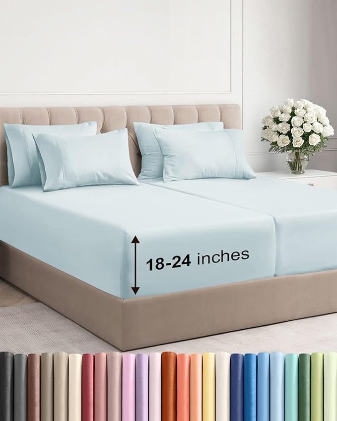 Extra Deep Split King Sheet Set - 7 Piece Breathable and Cooling Sheets - Hotel Luxury Bedding for Women, Men, Kids & Teens - Easy & Secure Fit - Soft and Wrinkle Free - Extra Deep Pockets - Ice Blue