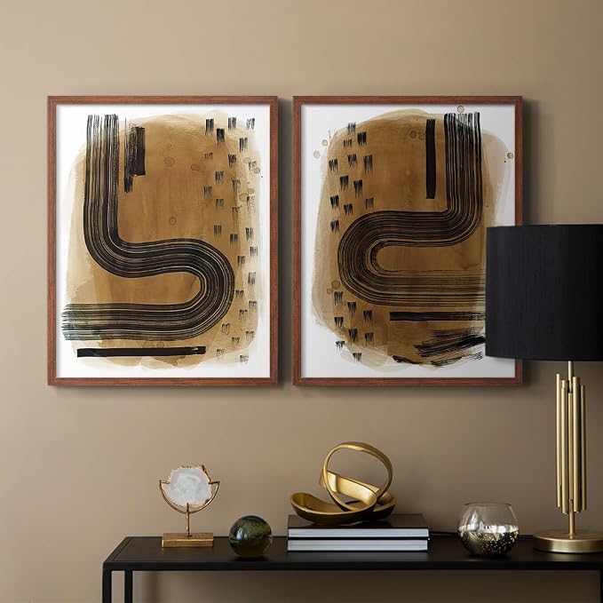 Renditions Gallery Set of 2 Peel & Stick Framed Prints, Abstract Wall Art, Hand Drawn Ink Curves Wall Decor, Re-Stickable - Ready to Hang - 8"x10" - Walnut Frame LT588