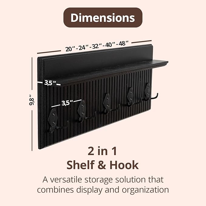 Rustic Wall Mounted Coat Rack with Shelf Wooden Entryway Organizer with 5 Metal Hooks for Coats Hats Towels Keys Floating Storage Shelf for Bathroom Bedroom (Black, 20 inch Striped (4 Hooks))