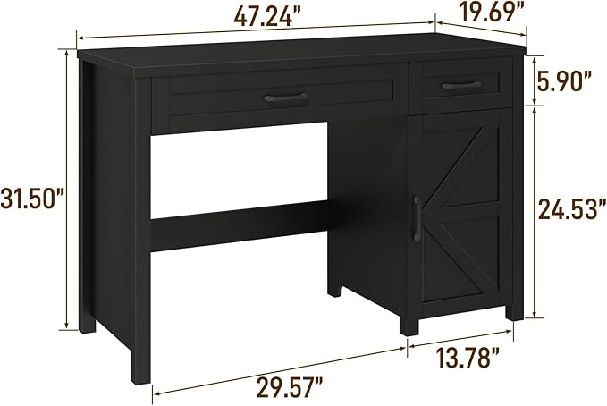 Vabches Farmhouse 47" Executive Desk, Computer Desk with Drawers and Storage Cabinet, Workstation for Home Office and Study.(Pure Black)