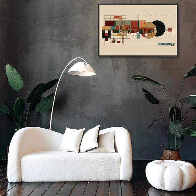 Bauhaus 1923 Geometric Framed Poster Modernist Bauhaus Style Earth Tone Grid Canvas Wall Art Circles And Rectangles Prints Painting For Home Bedroom Dorm Wall Decor 8x10in Framed