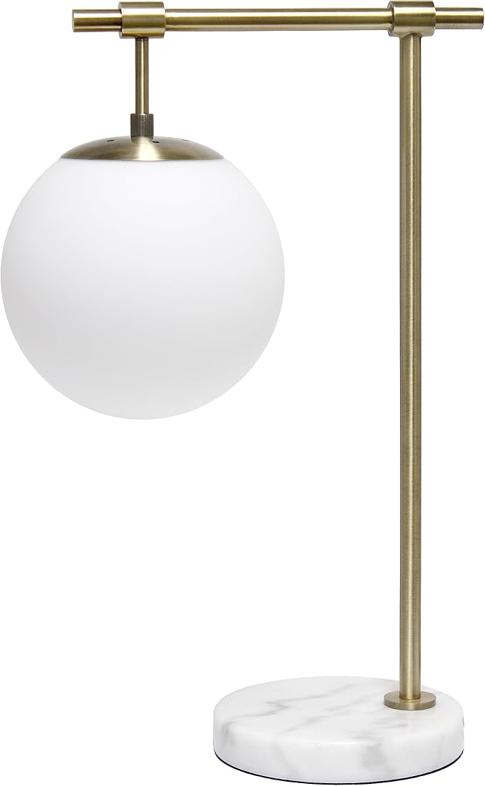 Elegant Designs LT2115-ABS 21" Mid Century Modern White Glass Globe Shade Table Desk Lamp with Antique Brass Arm and Marble Base for Study, Living Room, Bedroom, Entryway, Antique Brass