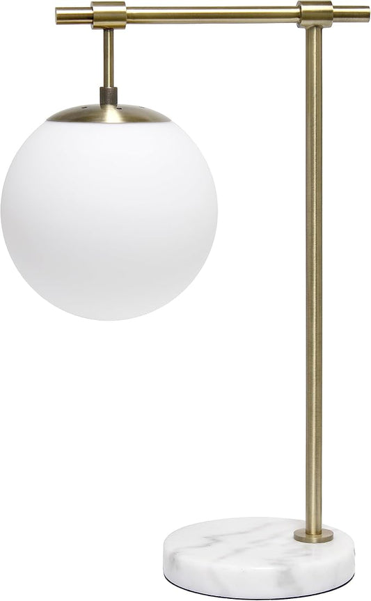 Elegant Designs LT2115-ABS 21" Mid Century Modern White Glass Globe Shade Table Desk Lamp with Antique Brass Arm and Marble Base for Study, Living Room, Bedroom, Entryway, Antique Brass
