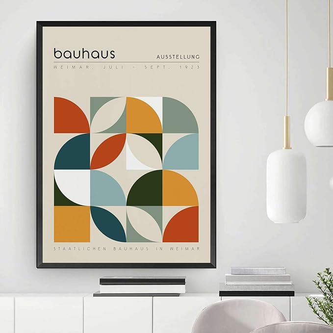 AnenaXean Canvas Art Poster Bauhaus Exhibition Poster Geometric Print Abstract Wall Art Mid Century Modern Beige Orange Sage Decor Modern Home and Bedroom Decoration 8x12inch metal frame