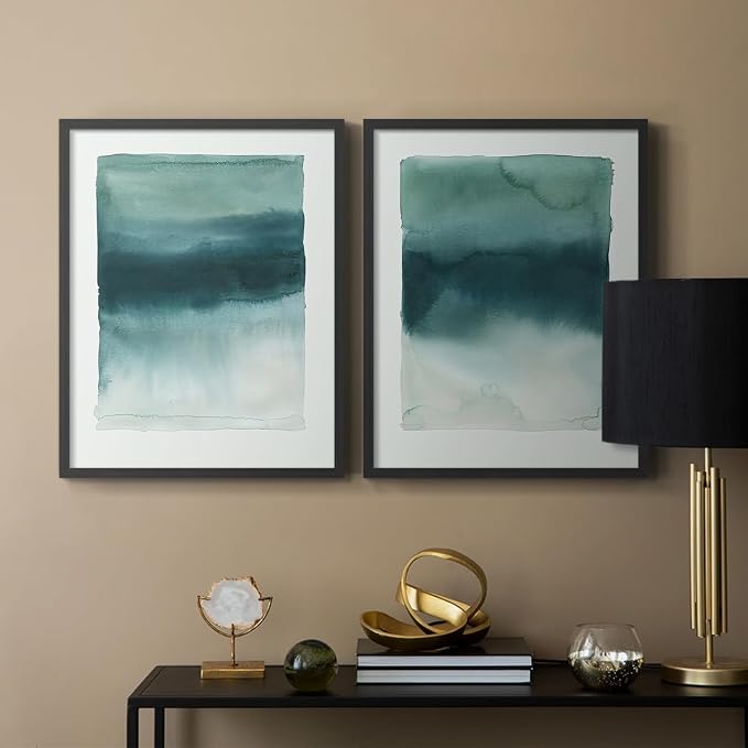 Renditions Gallery Set of 2 Peel & Stick Framed Prints, Tie Dye Abstract Wall Art, Sage Green Watercolor Horizon Wall Decor, Re-Stickable - Ready to Hang - 8"x10" - Black Frame LT588