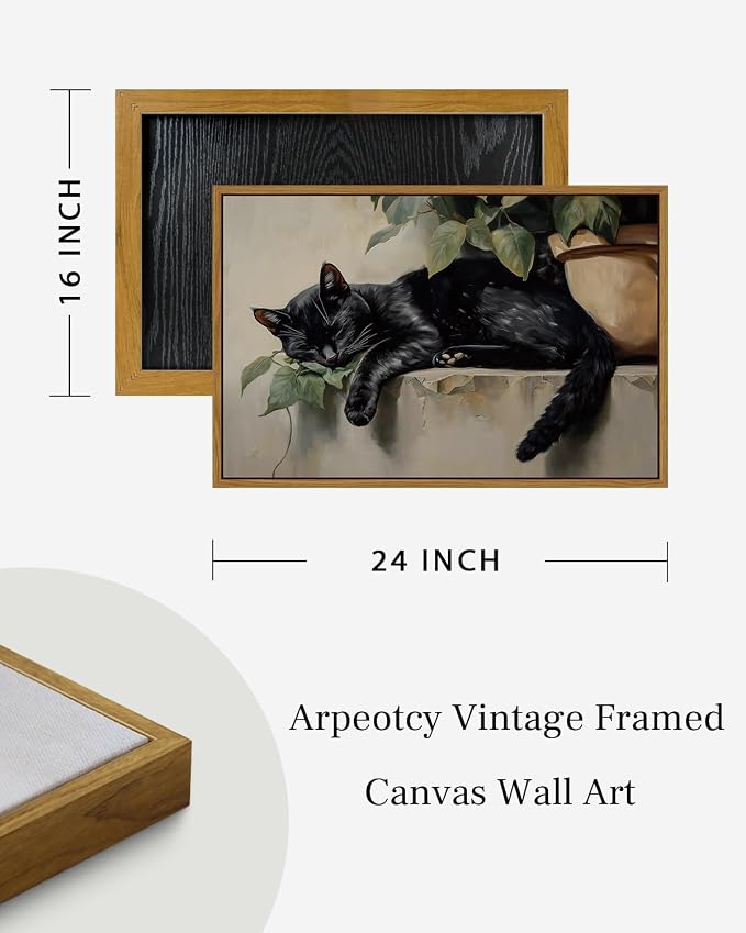ARPEOTCY Vintage Framed Canvas Wall Art, Sleeping Black Cat Large Framed Wall Art for Living Room Bedroom, Vintage Rustic Animal Poster Prints for Bathroom Decor Aesthetic, 16x24 Inch