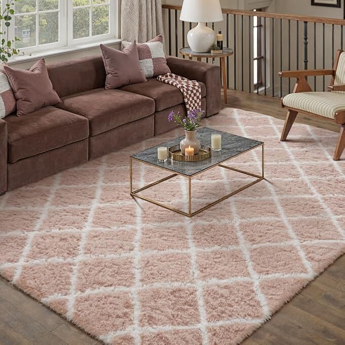 8x10 Checkered Rug for Living Room Pink and White Modern Soft Area Rug Fluffy Non-Slip Carpet for Bedroom Playroom Home Aesthetic Decor