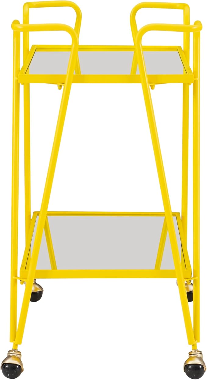 Linon Gina Yellow Mid Century Bar Cart with Mirrored Shelves