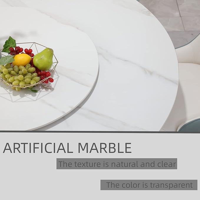 Round Marble Dining Table Set for 6-8, Kitchen Table, Dining Room Table Set Petal Pu Leather & Metal Base (59'' Table)