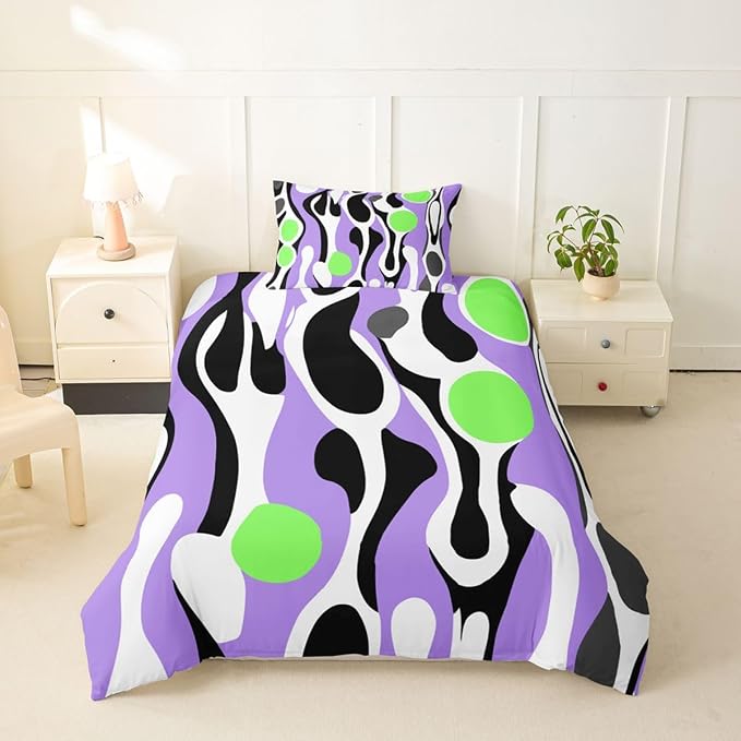 Erosebridal Organic Abstract Duvet Cover Set Modern Contemporary Girl Toddler Bedding Set for Kids Boys Boho Mid Century Wavy Lines Comforter Cover Retro Geometric Bed Sets,Purple Green