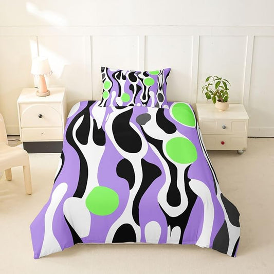 Erosebridal Organic Abstract Duvet Cover Set Modern Contemporary Twin Bedding Sets for Girls Kids Boys Boho Mid Century Wavy Lines Comforter Cover Retro Geometric Bed Set,Purple Green