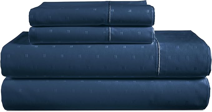 LANE LINEN 100% Egyptian Cotton Queen Sheet Set, 15 inch Deep Pocket, French Reinforced Pocket Seams for Soft, Comfy & Fresh Bed Eco Friendly Cooling Sheets Queen - Swiss Dot Estate Blue