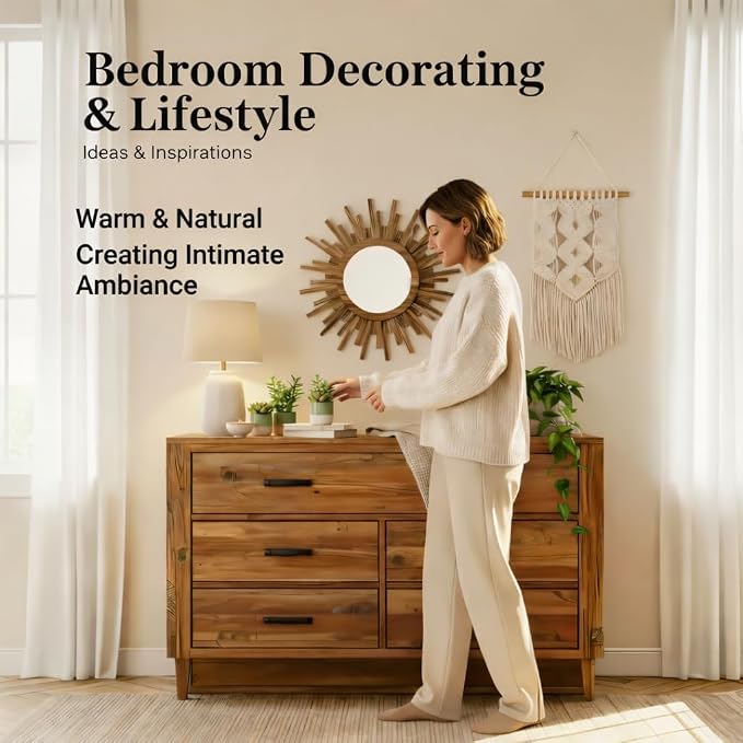 24 Inch Boho Sunburst Mirror, Round Wooden Wall Decor Starburst Sun Mirror for Bedroom, Living Room, Bathroom, Hallway, Balcony, Farmhouse Entryway, Housewarming Gift（Rustic Brown