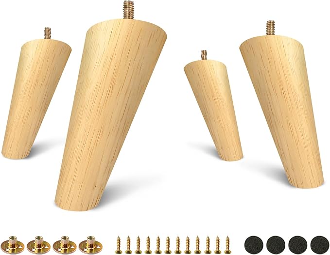 FoDau770 Rubber Wood Furniture Legs 5 Inches, Slant Tapered Wood Feet Mid Century Sofa Legs Set of 4, 5/16" UNC Furniture Feet Replacement Parts for Cabinet Couch Dresser Chair Ottoman Table