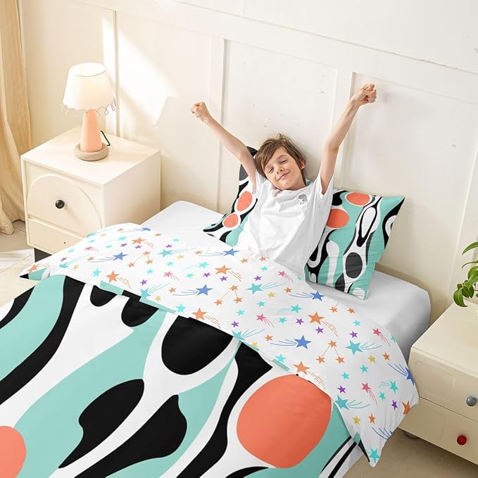 Mid Century Modern Abstract Duvet Cover Set Vintage Geometric Twin Bedding Sets for Girls Preteen Boys Contemporary Organic Shapes Comforter Cover Squiggle Blob Bed Set,Teal Coral Salmon Pink