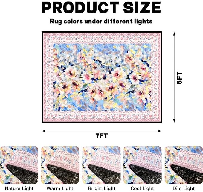 Floral Oil Painting Area Rug Watercolor Flower Print Rugs for Entryway Bedroom Living Room Nursery Kitchen Playroom Home Decor Washable Low Pile Floor Mat Carpet,5'x7'