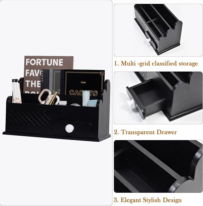 5 Compartments Real Wood Desk Accessories Organizer Countertop Mail Holder 13 x 8 inch Office Workspace Organization with Drawer for File, Pen, Pencil, Black